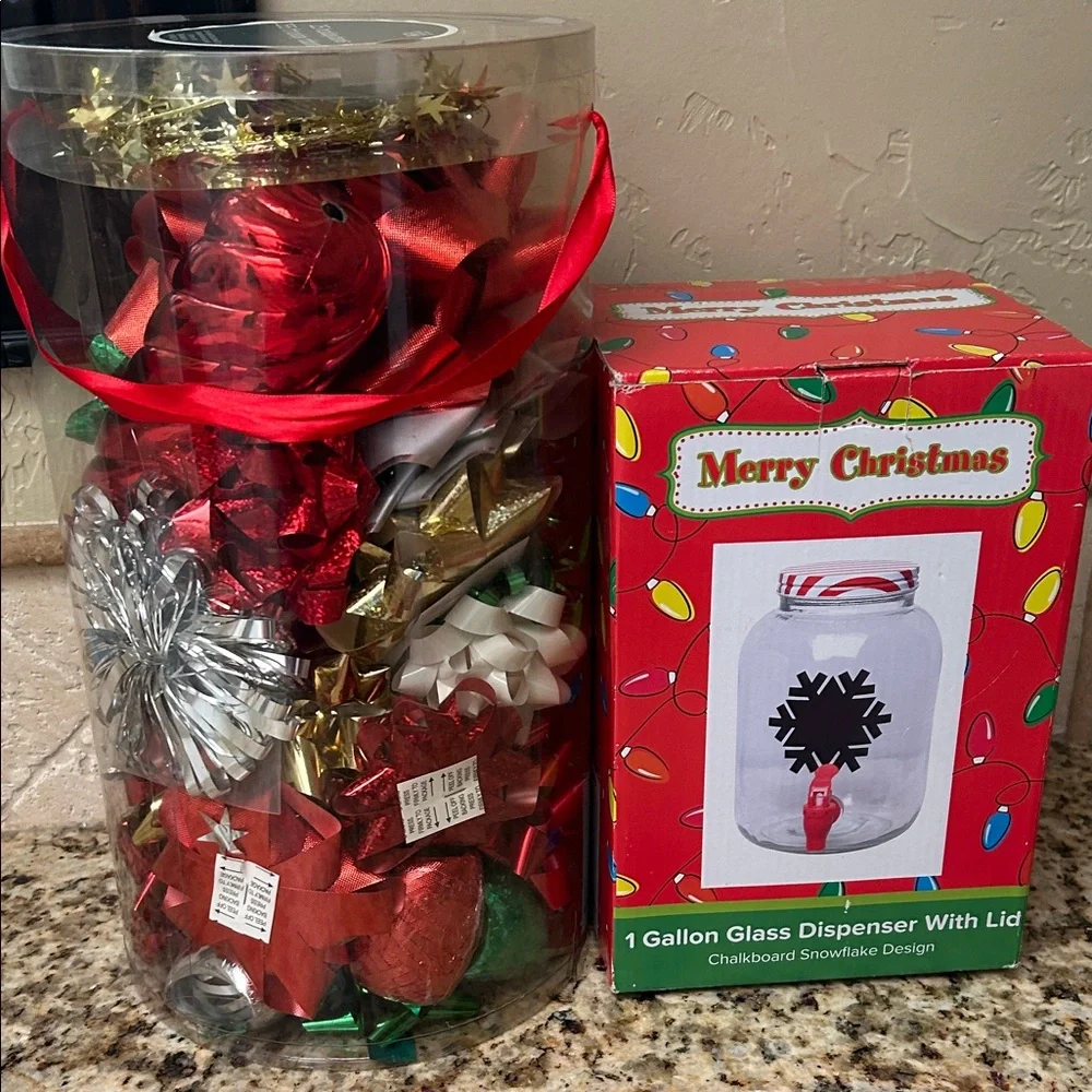 Target Holiday Glass Dispenser with Red, Green, and Gold Bows